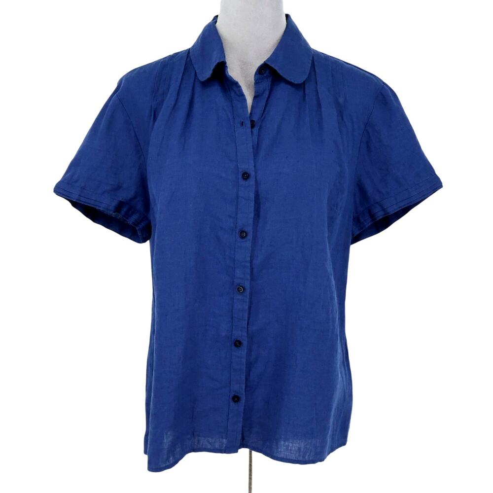 Talbots Top Womens Large Navy Blue Irish Linen Blouse Peter Pan collar Vintage